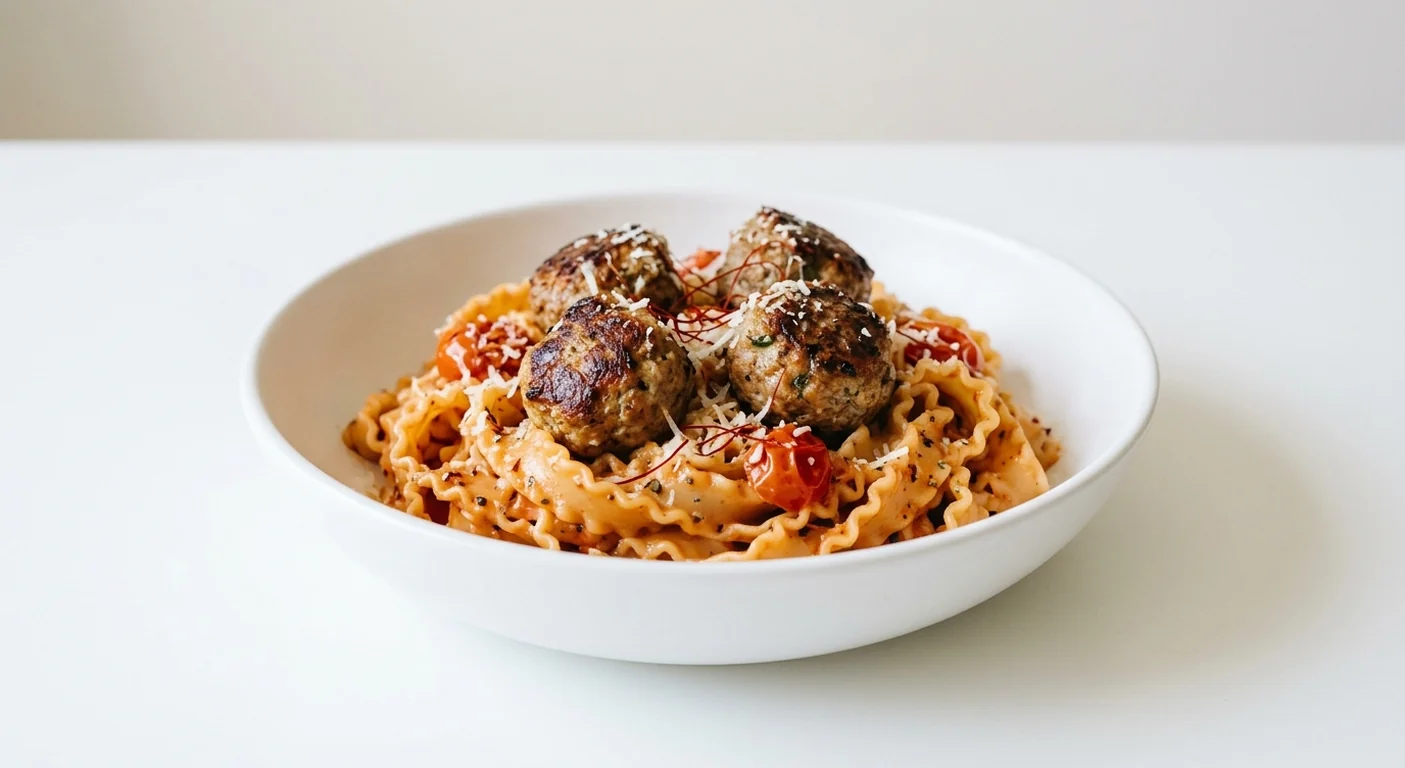 Zizzi Meatballs Alla Vodka, ruffled mafaldine pasta with pork and fennel meatballs in a spicy vodka tomato sauce, nutrition and calories