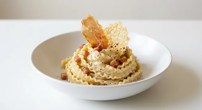 Zizzi Truffle Carbonara, ruffled mafaldine pasta in a four cheese truffle sauce with pancetta, crispy prosciutto and a cheese crisp, nutrition and calories
