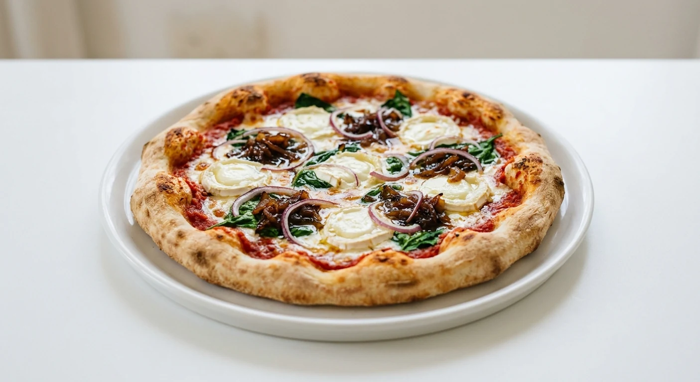 Pizza Express Padana (Classic), round pizza with goat's cheese, caramelised onions, spinach and red onion on a white plate, nutrition and calories