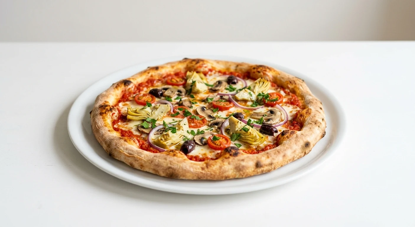 Pizza Express Giardiniera (Classic), round pizza with artichokes, mushrooms, red onion, baby tomatoes and olives on a white plate, nutrition and calories
