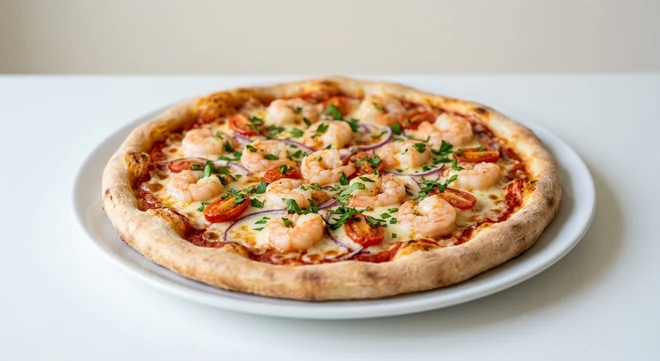 Pizza Express Garlic Prawn (Classic), round pizza with garlic king prawns, red onion and baby plum tomatoes on a white plate, nutrition and calories