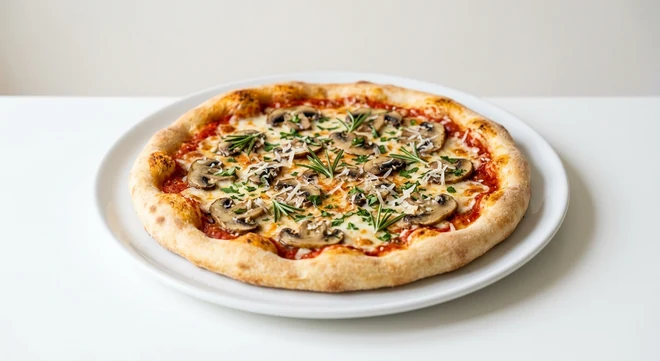 Pizza Express Funghi di Bosco (Classic), round pizza with chestnut mushrooms, rosemary, parsley and mozzarella on a white plate, nutrition and calories