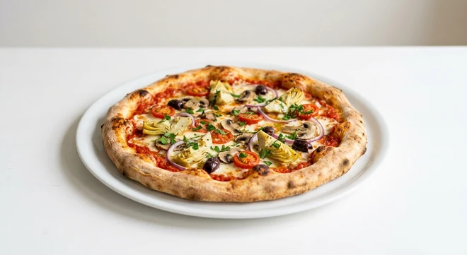 Pizza Express Giardiniera (Classic), round pizza with artichokes, mushrooms, red onion, baby tomatoes and olives on a white plate, nutrition and calories