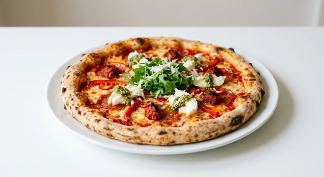 Pizza Express Calabrese (Classic), round pizza with Calabrese sausage, 'nduja, roasted peppers, chilli, rocket, fresh mozzarella and pesto on a white plate, nutrition and calories