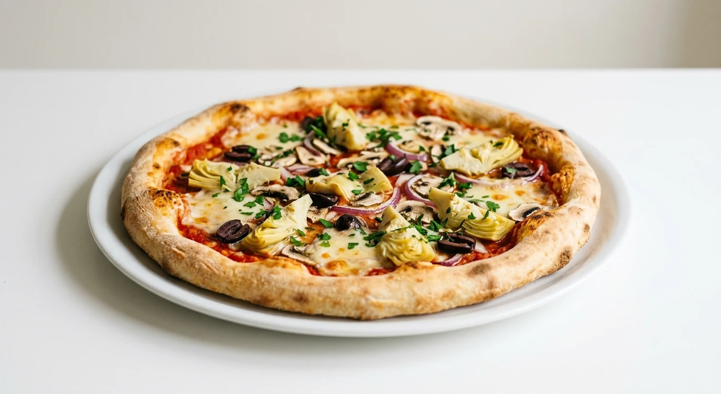 Pizza Express Vegan Giardiniera (Classic), round pizza with artichokes, mushrooms, red onion, black olives and vegan mozzarella alternative on a white plate, nutrition and calories