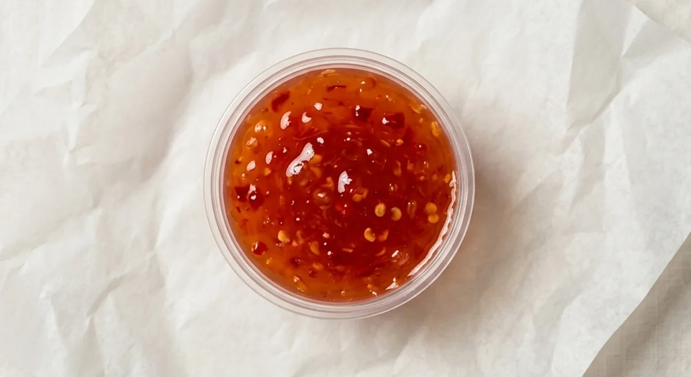 Subway Sweet Chilli Dunk Pot, sweet chilli sauce with chilli flakes in a small clear pot on white paper, nutrition and calories