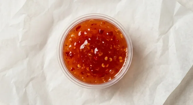 Subway Sweet Chilli Dunk Pot, sweet chilli sauce with chilli flakes in a small clear pot on white paper, nutrition and calories