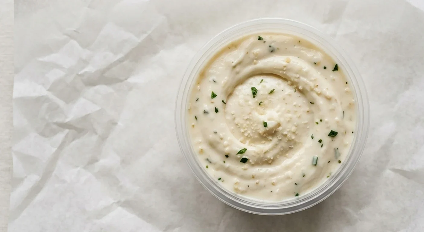Subway Garlic and Herb Dunk Pot, creamy garlic and herb sauce in a small clear pot on white paper, nutrition and calories