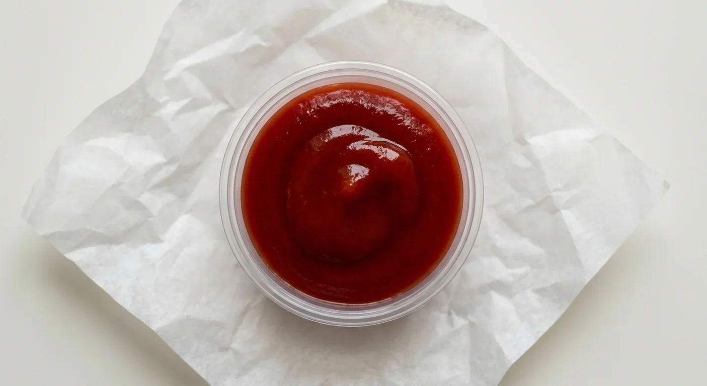 Subway Ketchup Dunk Pot, tomato ketchup in a small clear pot on white paper, nutrition and calories