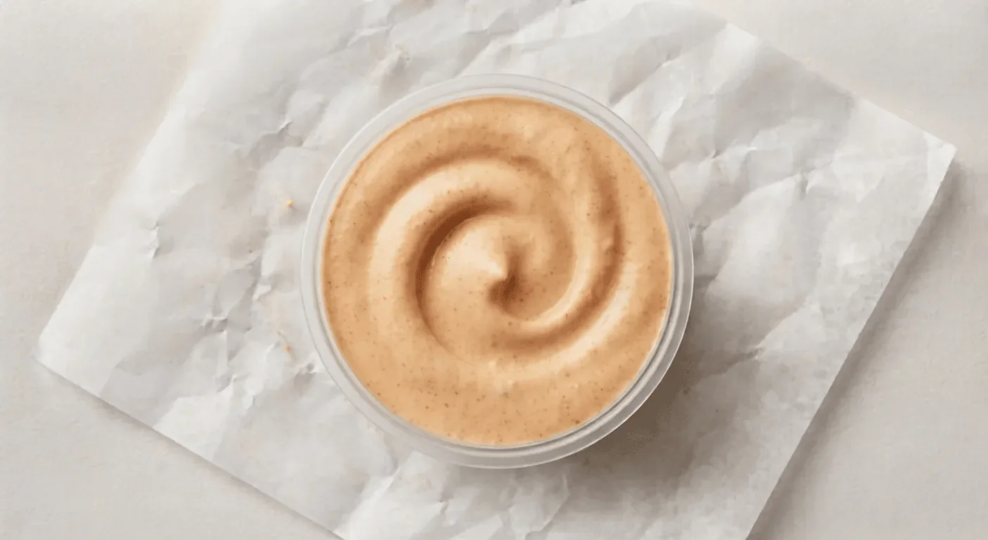 Subway Chipotle Southwest Dunk Pot, creamy chipotle southwest sauce in a small clear pot on white paper, nutrition and calories