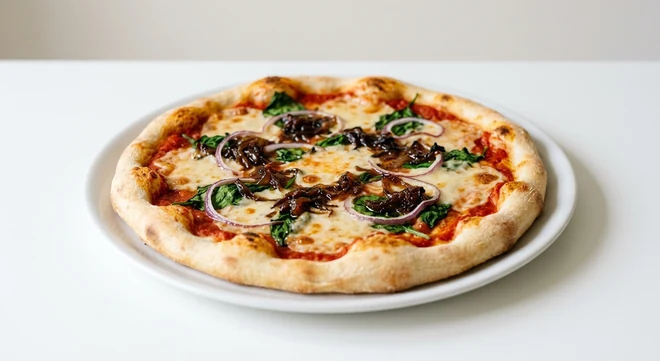 Pizza Express Vegan Padana (Classic), round pizza with caramelised onions, spinach, red onion and vegan mozzarella alternative on a white plate, nutrition and calories