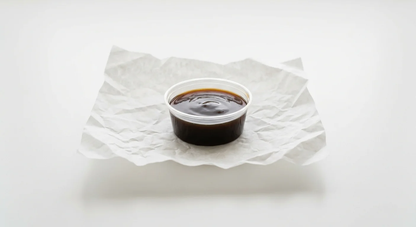 Subway Teriyaki Dunk Pot, glossy teriyaki sauce in a small clear pot on white paper, nutrition and calories