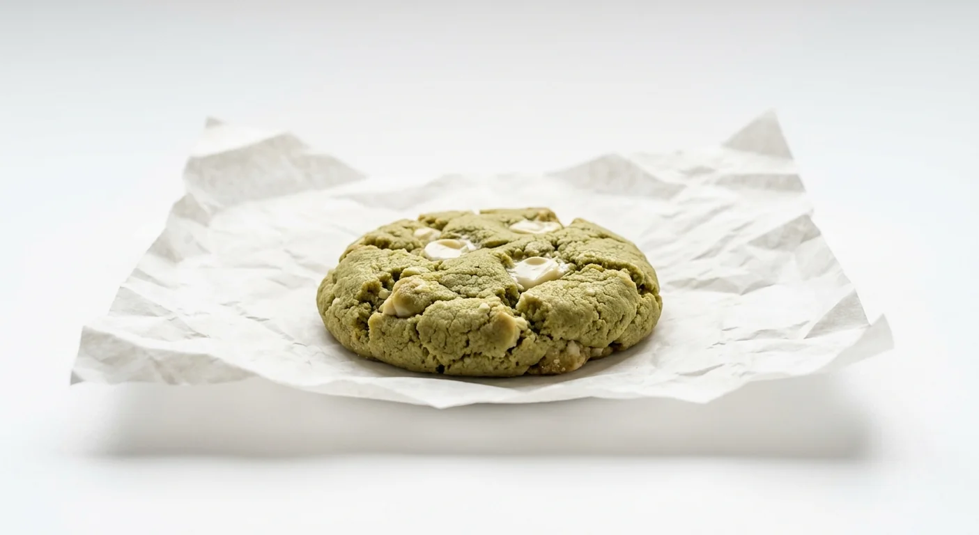 Subway Matcha and White Chip Cookie, green matcha cookie with white chocolate chips on white paper, nutrition and calories