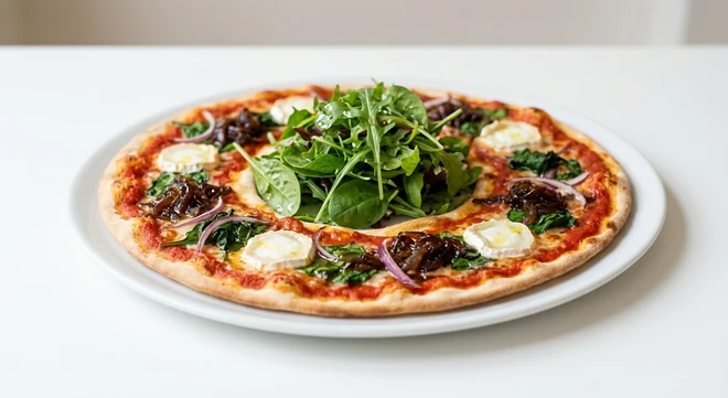 Pizza Express Leggera Padana, thin ring pizza with goat's cheese, caramelised onions, spinach and red onion, filled with a mixed leaf salad on a white plate, nutrition and calories