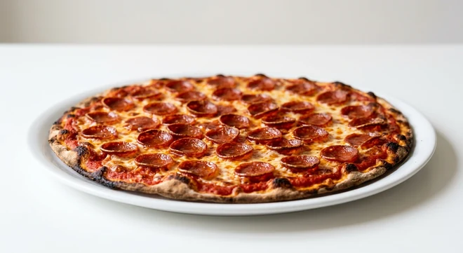 Pizza Express Double American Cheese (Romana), large thin and crispy Romana pizza with a double layer of pepperoni and mozzarella on a white plate, nutrition and calories