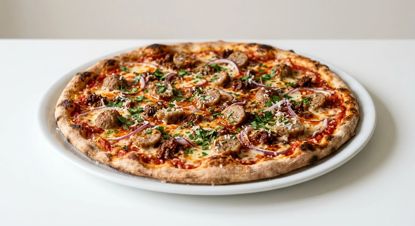 Pizza Express Meatball Italiano (Romana), large thin and crispy Romana pizza with pork meatballs, spicy beef, red onion and parsley on a white plate, nutrition and calories