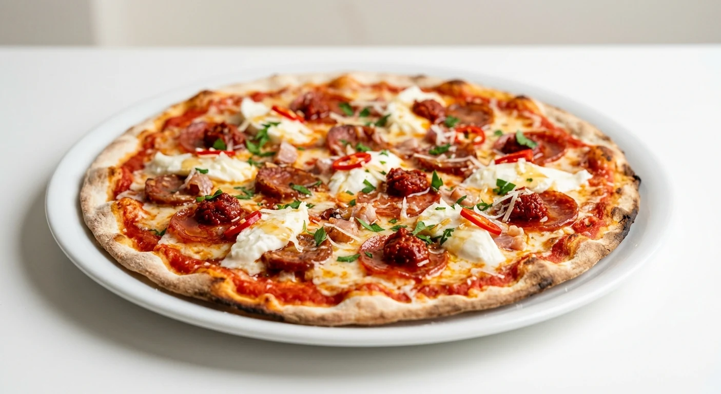 Pizza Express Calabrian Feast (Romana), large thin and crispy Romana pizza with 'nduja, Calabrese sausage, pepperoni, pancetta, chilli and parsley on a white plate, nutrition and calories
