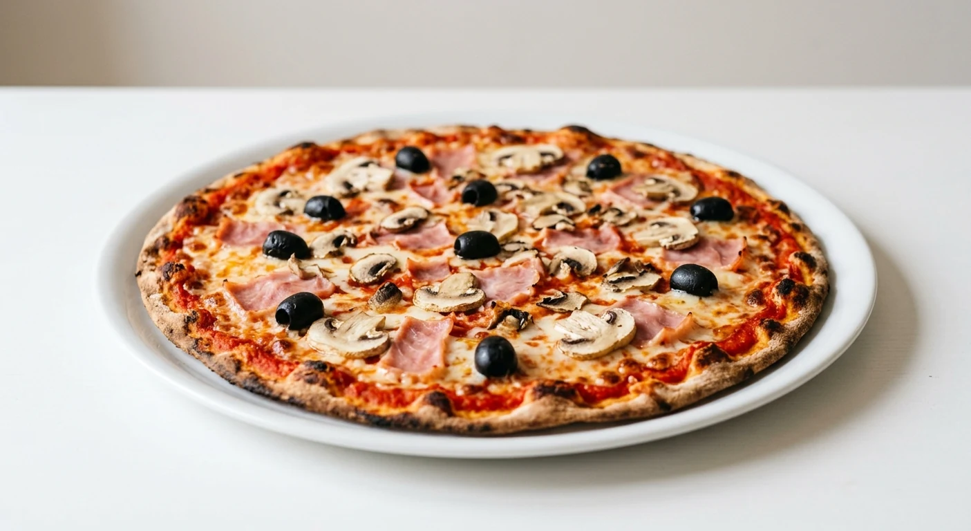 Pizza Express La Reine (Romana), large thin and crispy Romana pizza with ham, mushrooms, black olives and mozzarella on a white plate, nutrition and calories