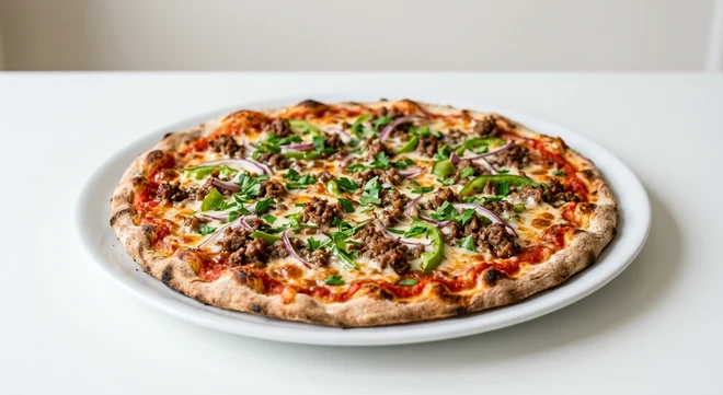 Pizza Express Sloppy Giuseppe (Romana), large thin and crispy Romana pizza with spiced beef, red onion, green pepper and parsley on a white plate, nutrition and calories
