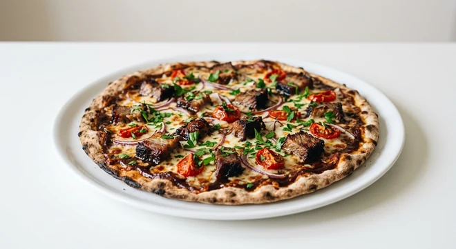 Pizza Express BBQ Burnt Ends (Romana), large thin and crispy Romana pizza with beef brisket burnt ends, red onion and roasted tomatoes on BBQ sauce on a white plate, nutrition and calories