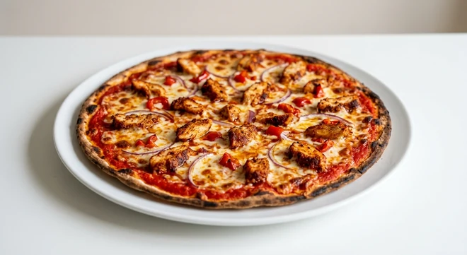 Pizza Express Pollo ad Astra (Romana), large thin and crispy Romana pizza with Cajun chicken, sweet red peppers, red onion and mozzarella on a white plate, nutrition and calories