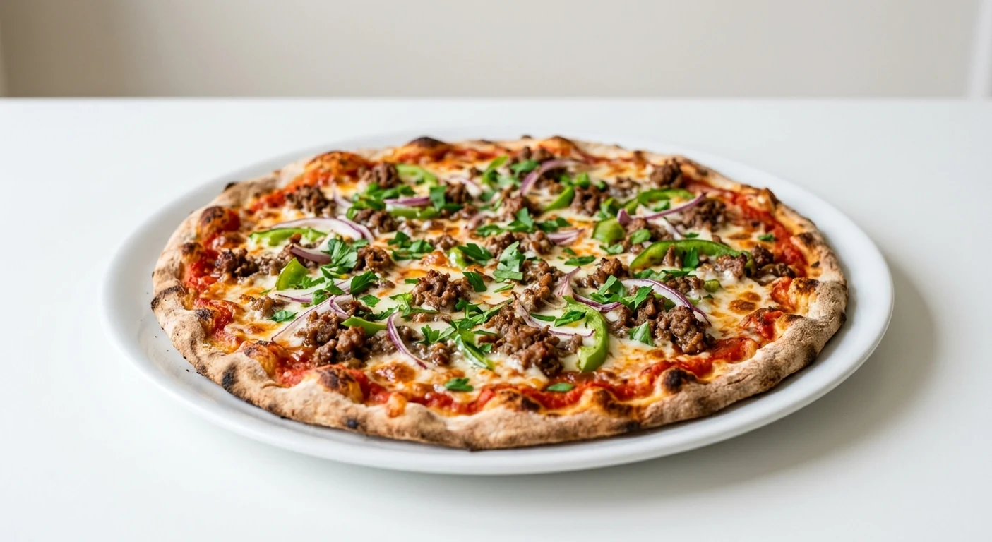 Pizza Express Sloppy Giuseppe (Romana), large thin and crispy Romana pizza with spiced beef, red onion, green pepper and parsley on a white plate, nutrition and calories