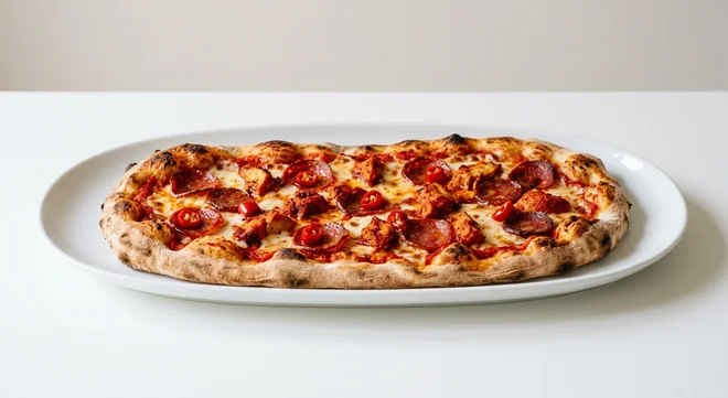 Zizzi Rustica Carne Sofia, long oval pizza with harissa chicken, pepperoni, chorizo and roquito chillies, nutrition and calories