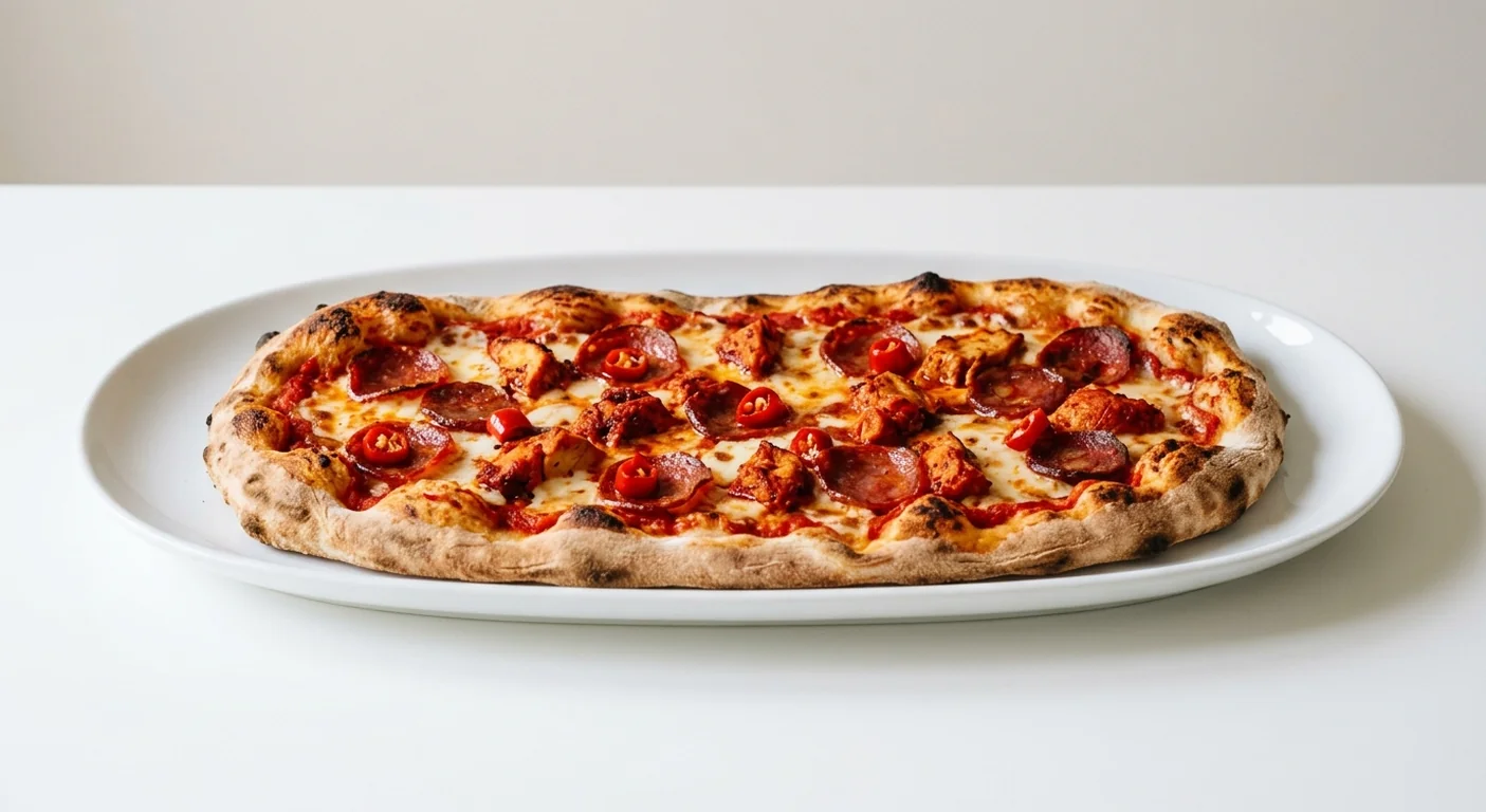 Zizzi Rustica Carne Sofia, long oval pizza with harissa chicken, pepperoni, chorizo and roquito chillies, nutrition and calories