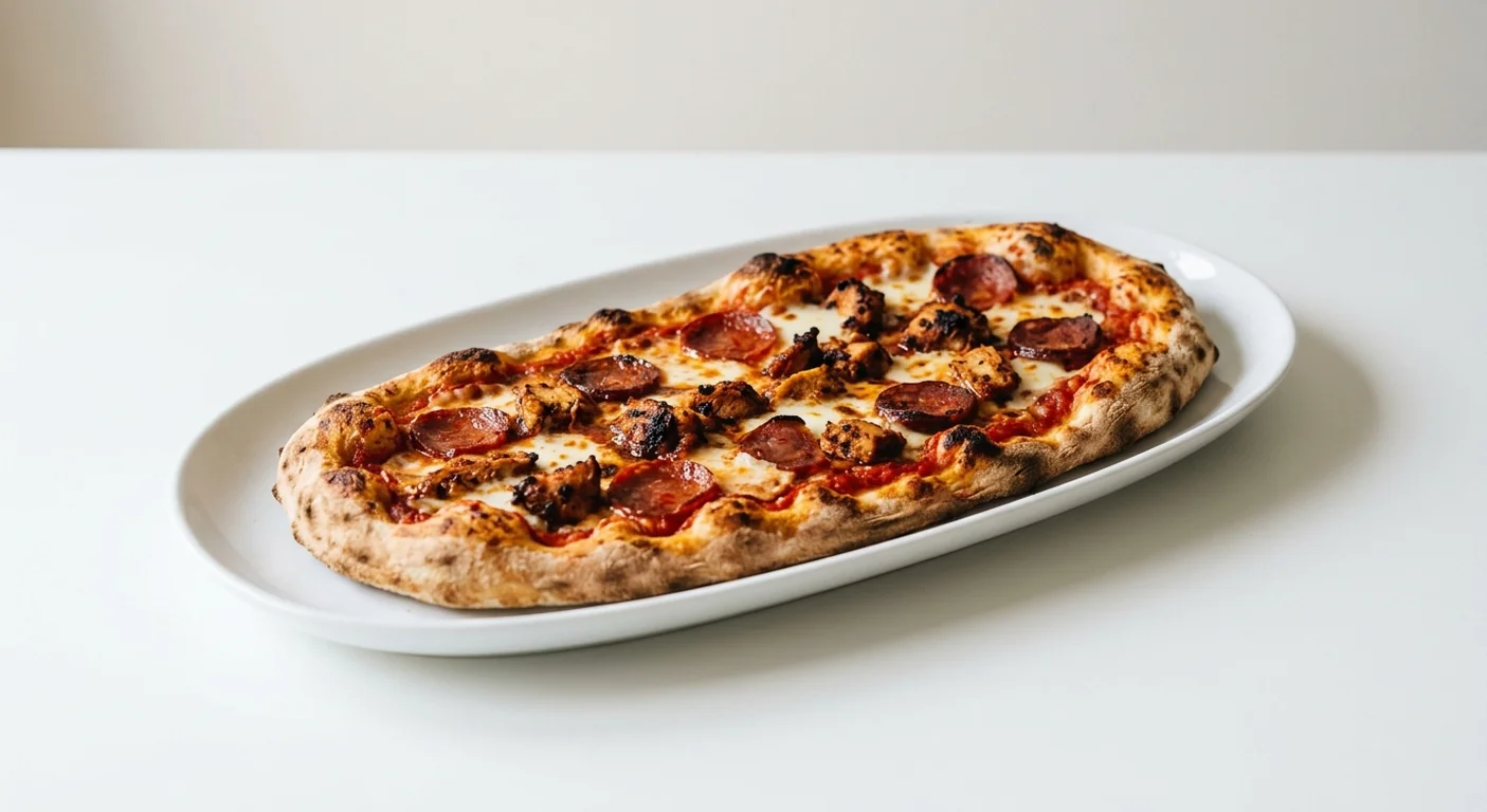 Zizzi Rustica Meat Feast, long oval pizza with harissa chicken, pepperoni, chorizo and mozzarella, nutrition and calories