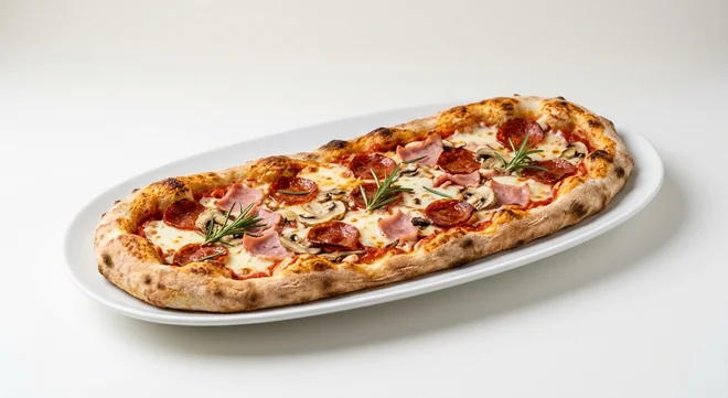 Zizzi Rustica Pepperoni Campagna, long oval pizza with pepperoni, ham, mushrooms, mozzarella and rosemary, nutrition and calories