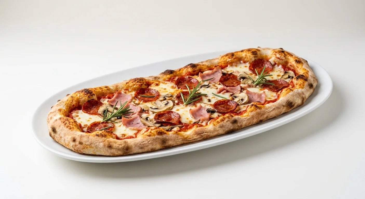 Zizzi Rustica Pepperoni Campagna, long oval pizza with pepperoni, ham, mushrooms, mozzarella and rosemary, nutrition and calories