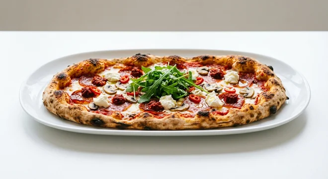 Zizzi Rustica Piccante, long oval pizza with 'nduja, pepperoni, spianata salami, chilli, mushrooms, mascarpone and rocket, nutrition and calories