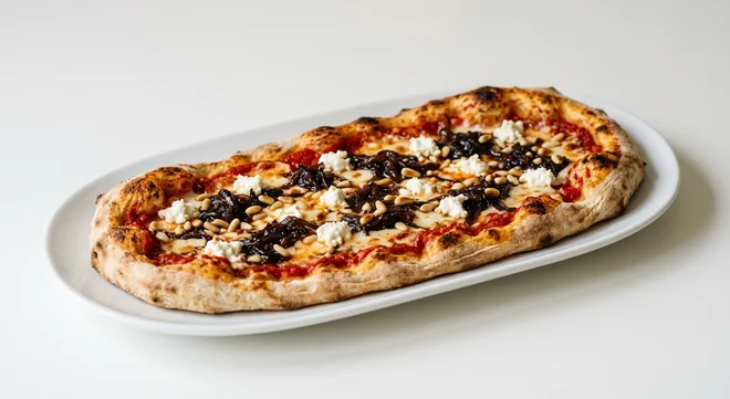 Zizzi Rustica Pinoli, long oval pizza with goat's cheese, caramelised balsamic onions and toasted pine nuts, nutrition and calories