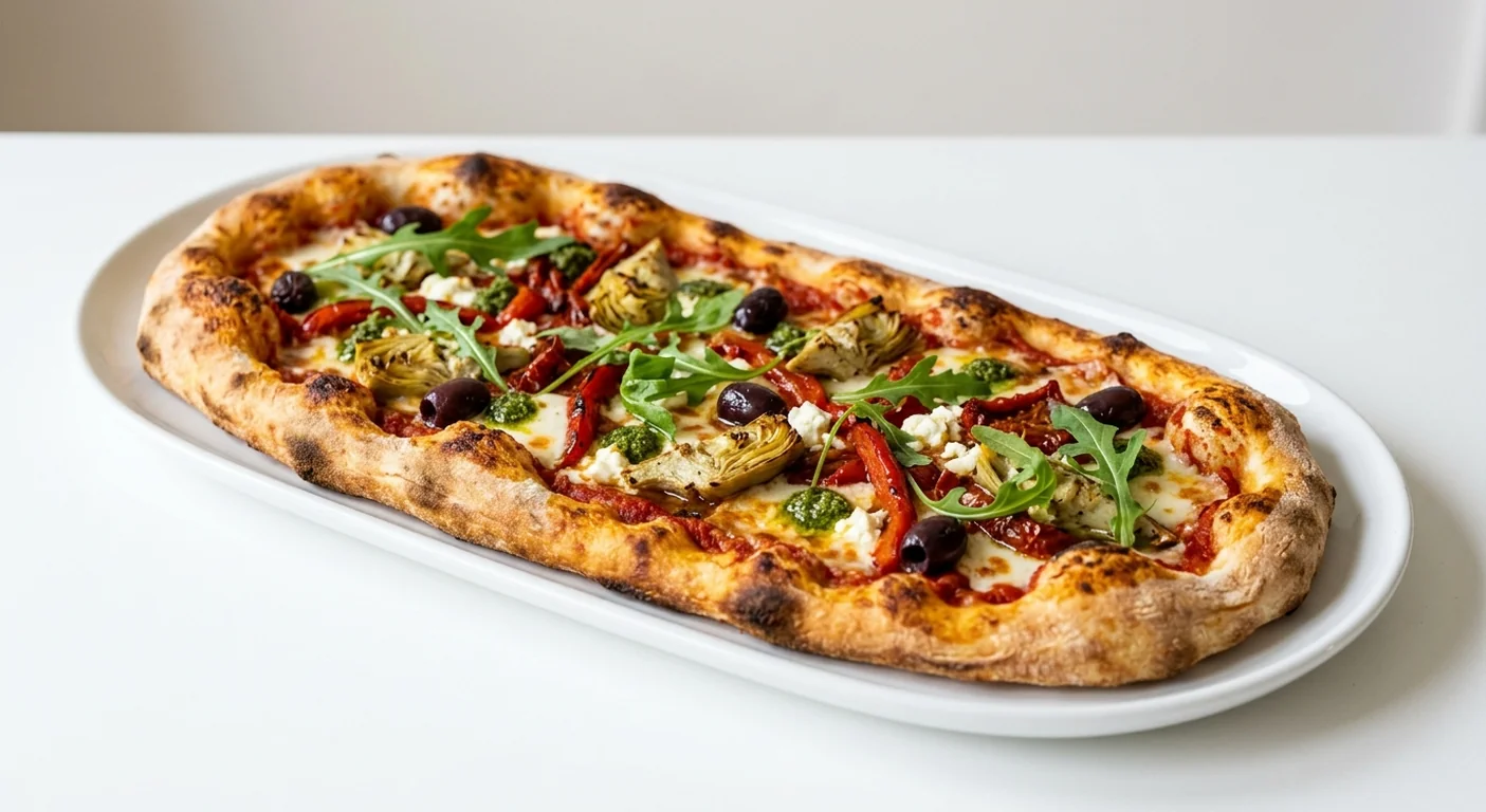 Zizzi Rustica Primavera, long oval vegetarian pizza with goat's cheese, artichokes, peppers, olives, sunblush tomatoes, pesto and rocket, nutrition and calories
