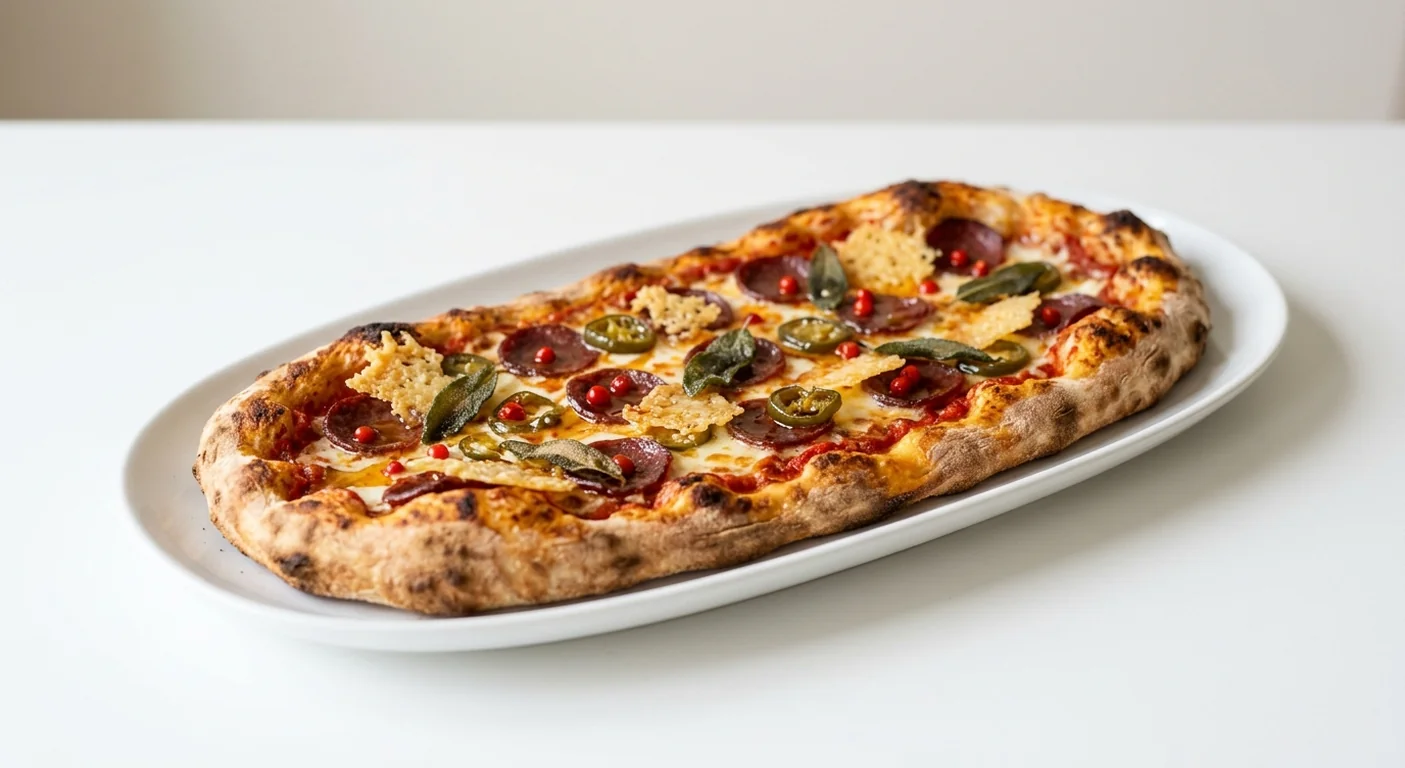 Zizzi Rustica Venison Pepperoni, long oval pizza with venison pepperoni, candied jalapenos, roquito pepper pearls, crispy riserva, hot honey and sage, nutrition and calories