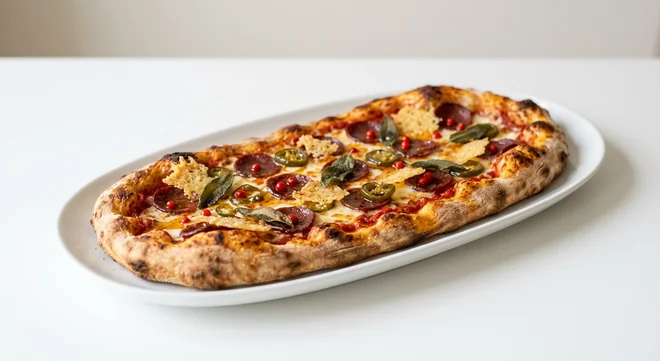 Zizzi Rustica Venison Pepperoni, long oval pizza with venison pepperoni, candied jalapenos, roquito pepper pearls, crispy riserva, hot honey and sage, nutrition and calories