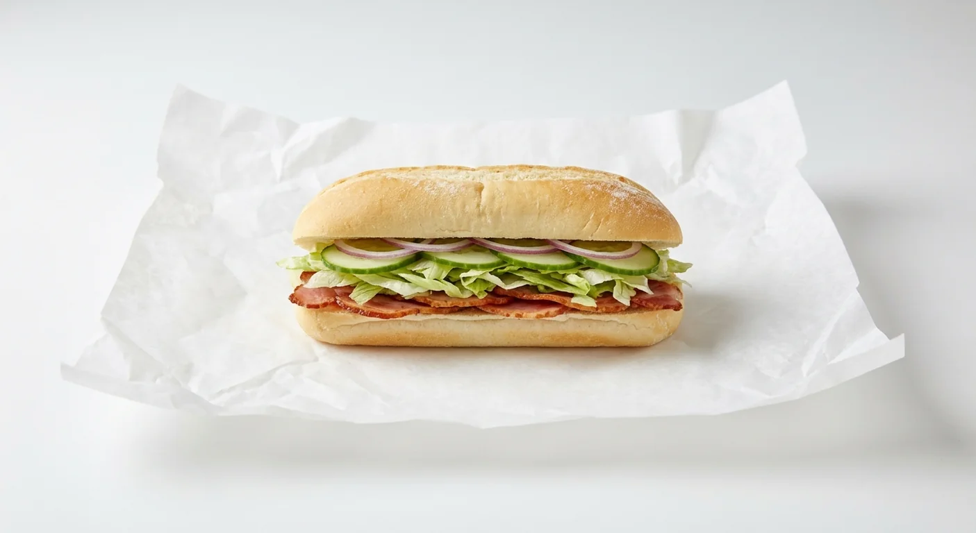 Subway Bacon 6 Inch Breakfast Sub, Italian white roll with crispy back bacon with lettuce, cucumber and red onion on white paper, nutrition and calories
