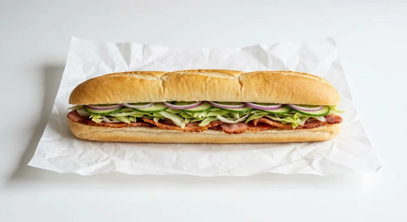 Subway Bacon Footlong Breakfast Sub, Italian white roll with crispy back bacon with lettuce, cucumber and red onion on white paper, nutrition and calories