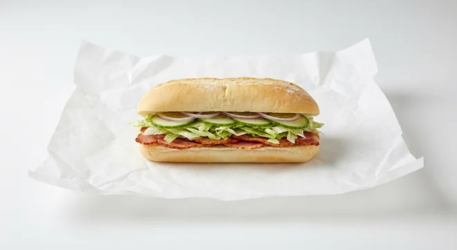 Subway Bacon 6 Inch Breakfast Sub, Italian white roll with crispy back bacon with lettuce, cucumber and red onion on white paper, nutrition and calories