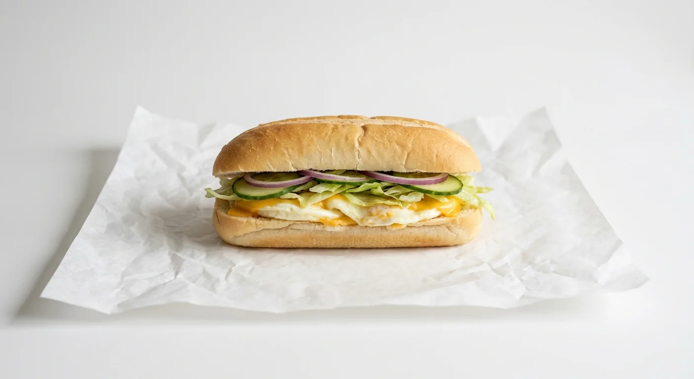 Subway Poached Egg and Cheese 6 Inch Breakfast Sub, Italian white roll with poached egg and melted cheese with lettuce, cucumber and red onion on white paper, nutrition and calories