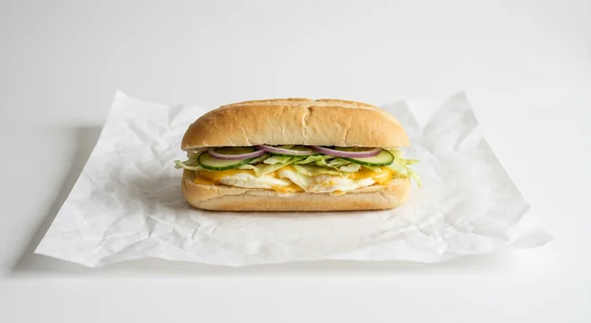 Subway Poached Egg and Cheese 6 Inch Breakfast Sub, Italian white roll with poached egg and melted cheese with lettuce, cucumber and red onion on white paper, nutrition and calories