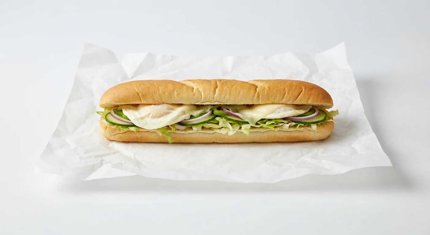 Subway Poached Egg and Cheese Footlong Breakfast Sub, Italian white roll with poached egg and melted cheese with lettuce, cucumber and red onion on white paper, nutrition and calories