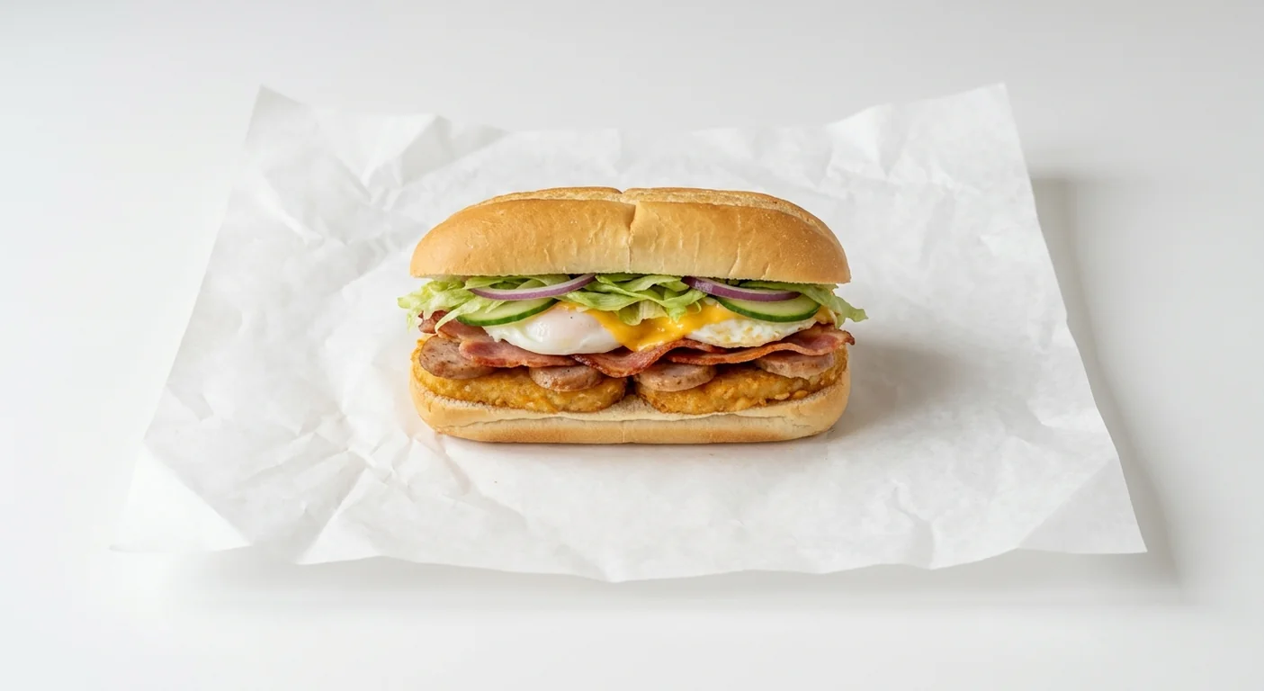 Subway Big Breakwich 6 Inch Breakfast Sub, Italian white roll with hash brown, sausage, bacon, poached egg and cheese with lettuce, cucumber and red onion on white paper, nutrition and calories