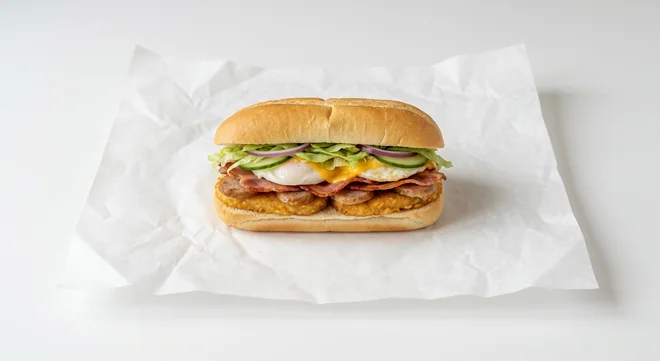Subway Big Breakwich 6 Inch Breakfast Sub, Italian white roll with hash brown, sausage, bacon, poached egg and cheese with lettuce, cucumber and red onion on white paper, nutrition and calories