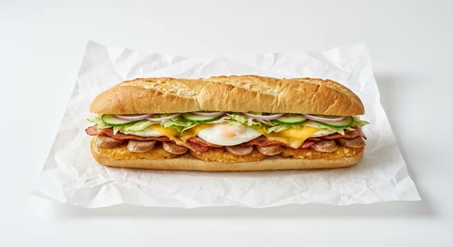 Subway Big Breakwich Footlong Breakfast Sub, Italian white roll with hash brown, sausage, bacon, poached egg and cheese with lettuce, cucumber and red onion on white paper, nutrition and calories