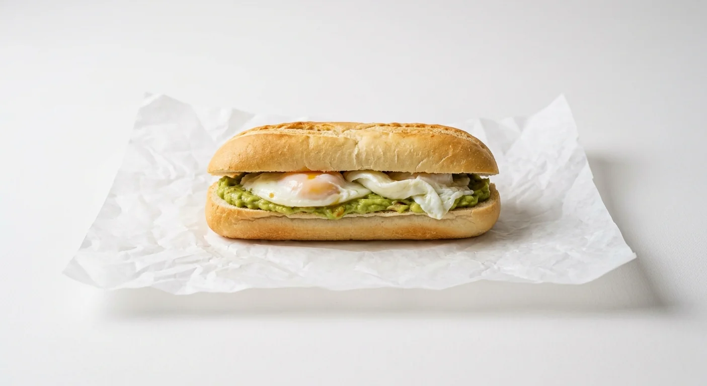 Subway Poached Egg & Guacamole (6" Breakfast Sub), Italian white roll with poached egg and guacamole on white paper, nutrition and calories