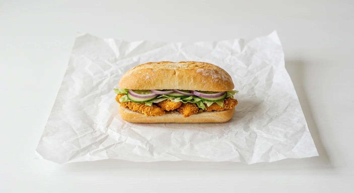 Subway Nacho Chicken Saver Sub, Italian white roll with breaded nacho chicken bites with lettuce, cucumber and red onion on white paper, nutrition and calories