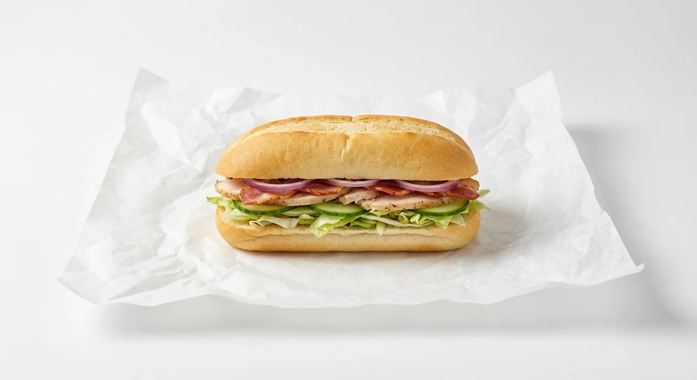 Subway Chicken and Bacon 6 Inch Sub, Italian white roll with roast chicken and crispy bacon with lettuce, cucumber and red onion on white paper, nutrition and calories