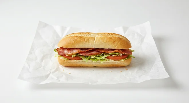 Subway BLT Saver Sub, Italian white roll with crispy bacon, lettuce and tomato on white paper, nutrition and calories
