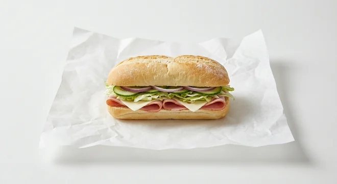 Subway Ham and Cheese Saver Sub, Italian white roll with sliced ham and cheese with lettuce, cucumber and red onion on white paper, nutrition and calories